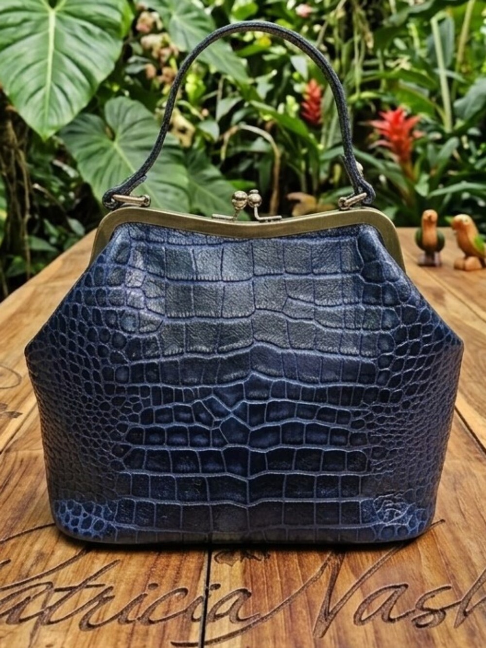 Patricia Nash Laureana Navy Blue Croc-Embossed Frame Satchel